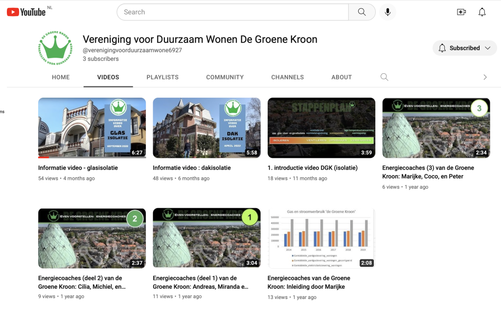 Schermafbeelding van het 'kanaal' vam De Groene Kroon op YouTube